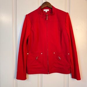 St. John Sport Women's‎ Ribbed Cotton Knit Zipper Sweater Jacket Red Size L
